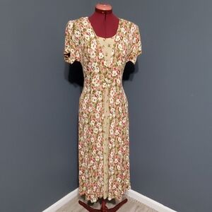 Vintage Brett Alixander Maxi Dress Tie Waist Pink Green Floral Crinkle Fabric